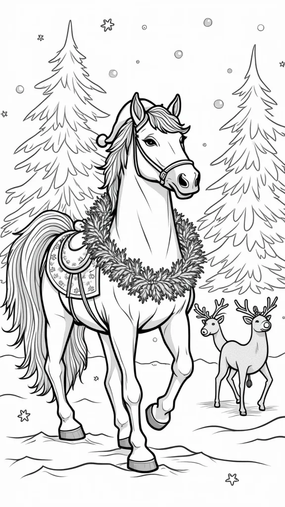 páginas para colorear de caballos de Navidad imprimibles